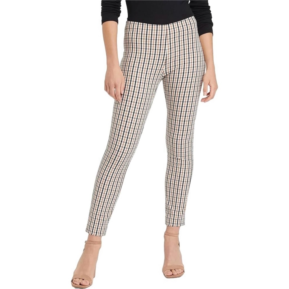 A New Day Tan Multicolored Plaid Plus Size Business Casual High Waist Pants